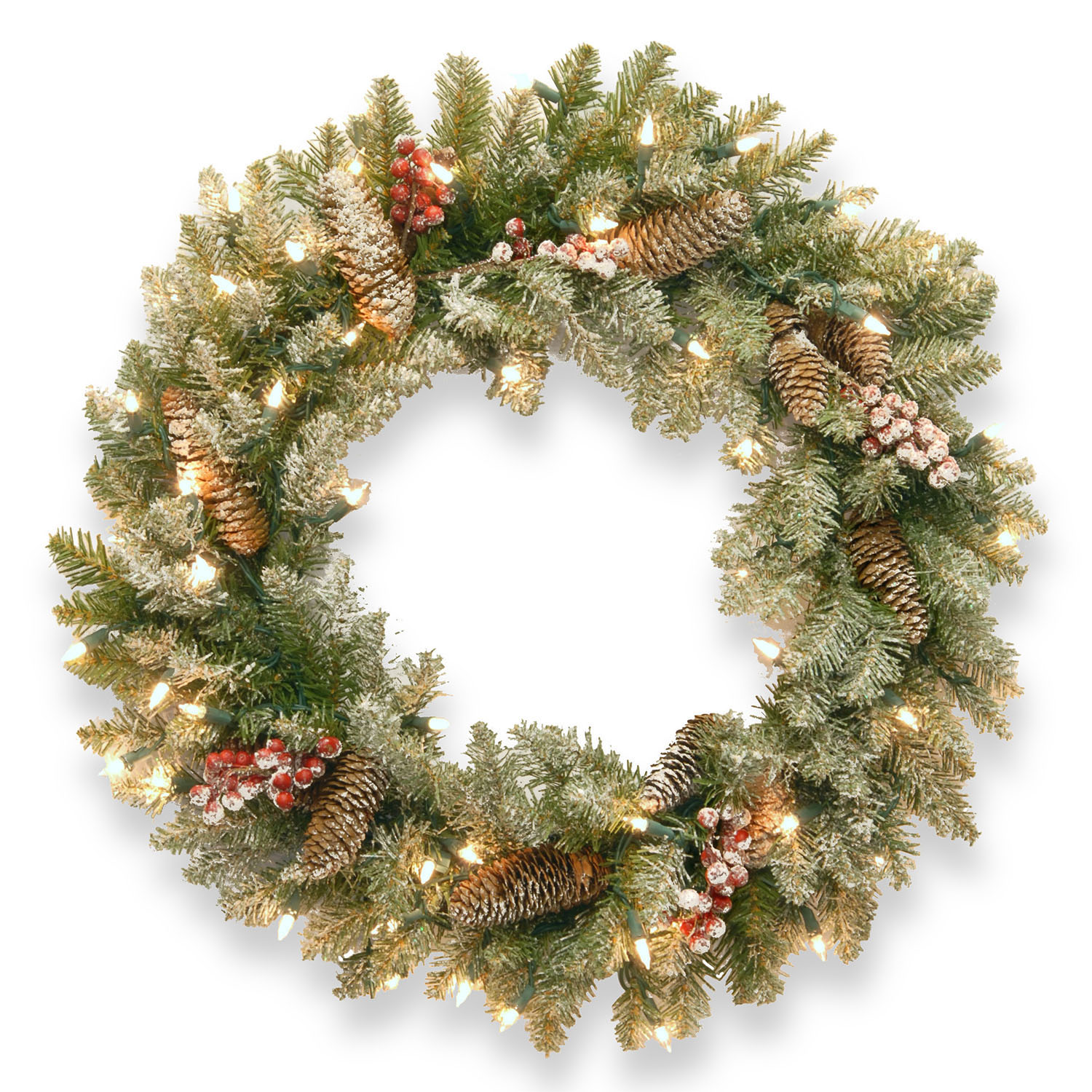 30 Inch Dunhill Fir Wreath: Snow, Red Berries, Cones & Clear Lights