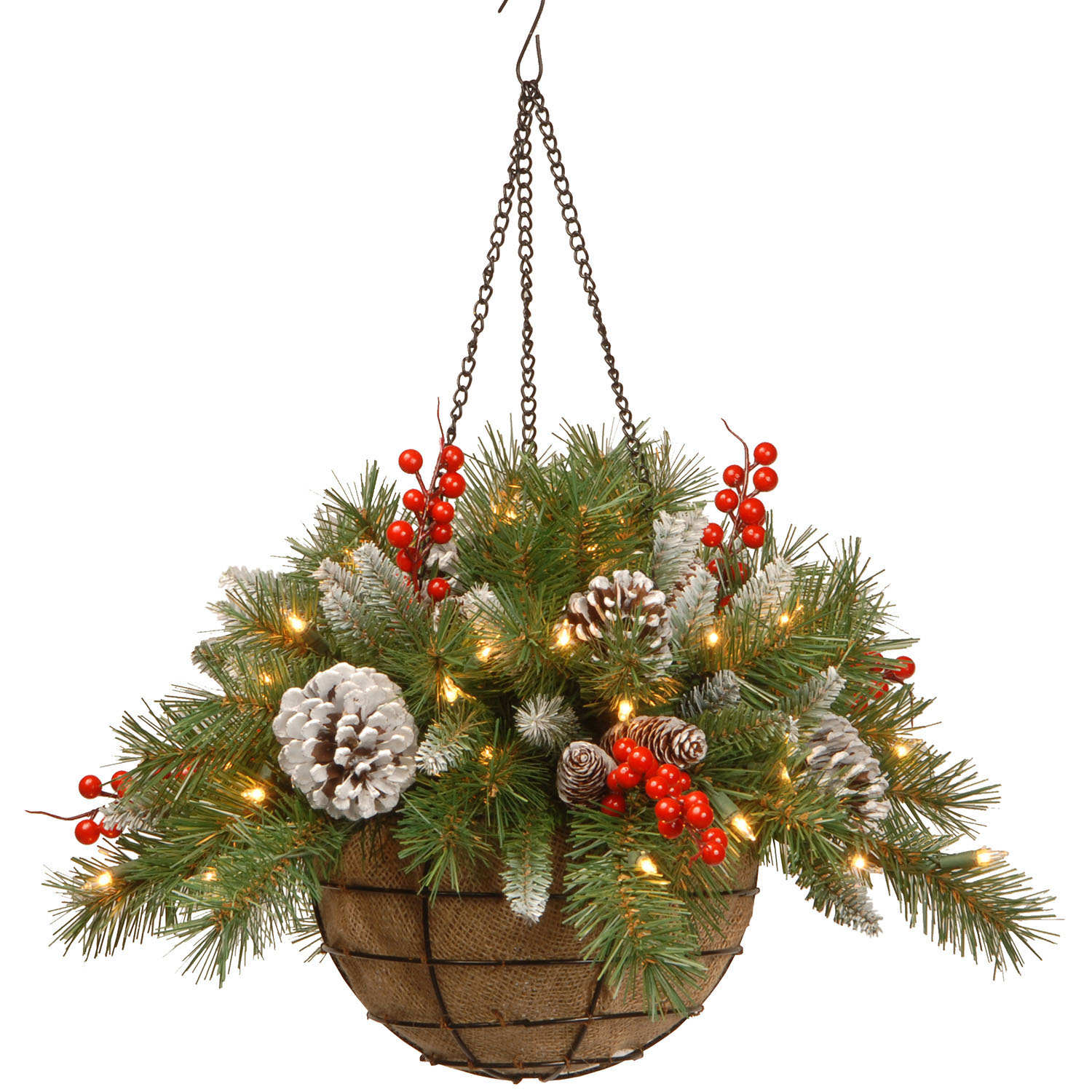 20 Inch Frosted Berry Hanging Basket: Battery/timer Operated Leds