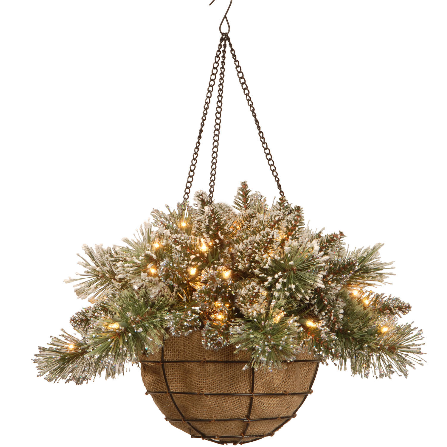 20 Inch Glittery Bristle Pine Hanging Basket: Battery/timer Operated Leds