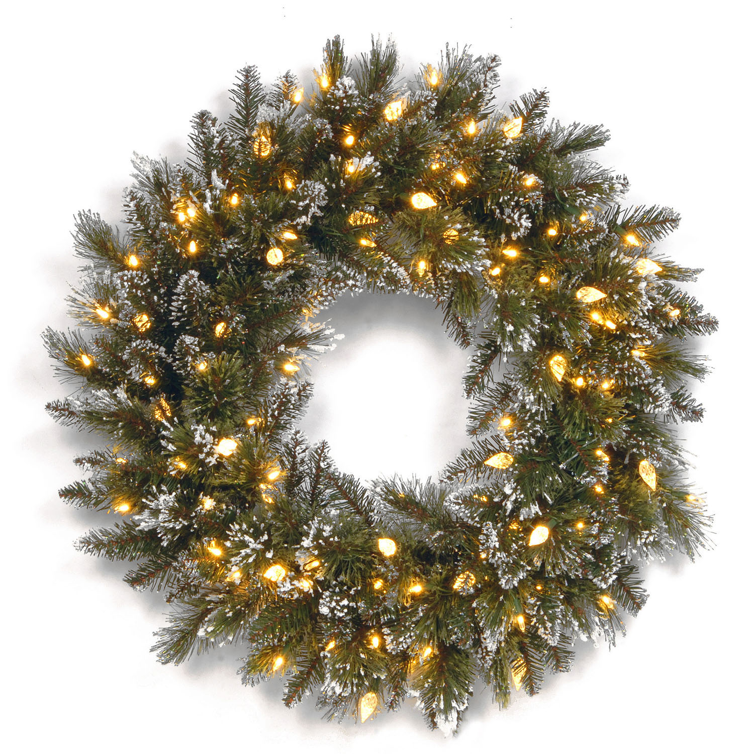 24 Inch Glittery Bristle Pine Wreath: Clear Led Lights