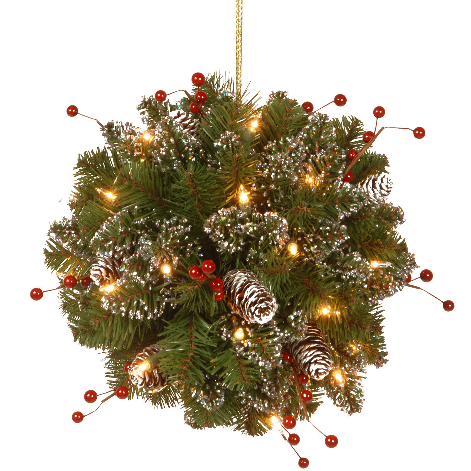 12 Inch Glittery Mountain Spruce Kissing Ball: Battery Operated Leds