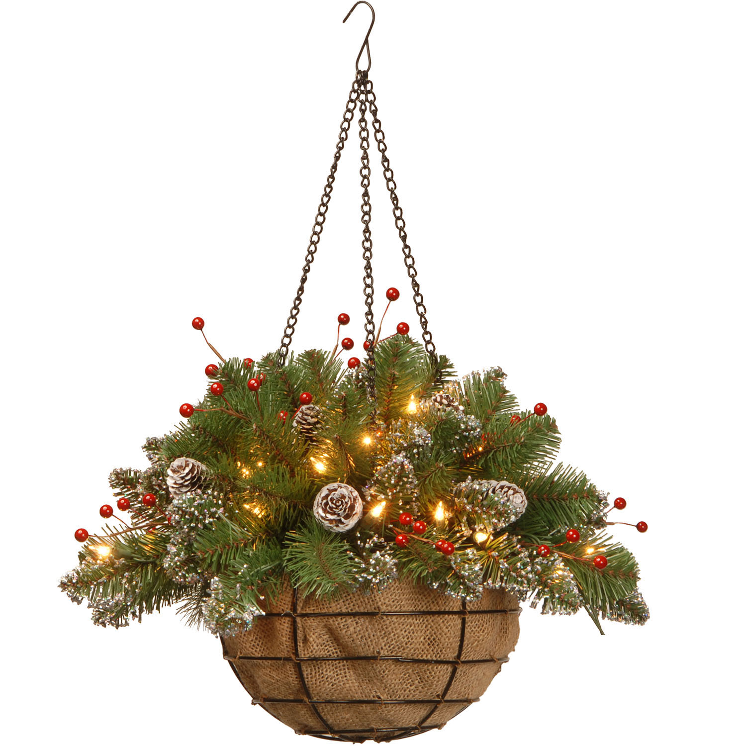 20 Inch Glittery Mountain Spruce Hanging Basket: Battery Operated Leds