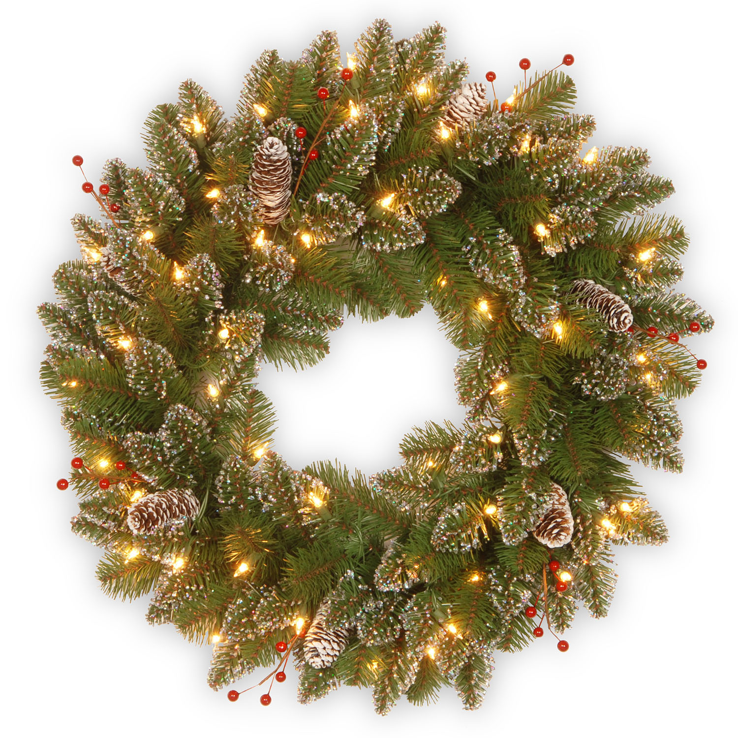 24 Inch Glittery Mountain Spruce Wreath: B/o Leds W/ Timer