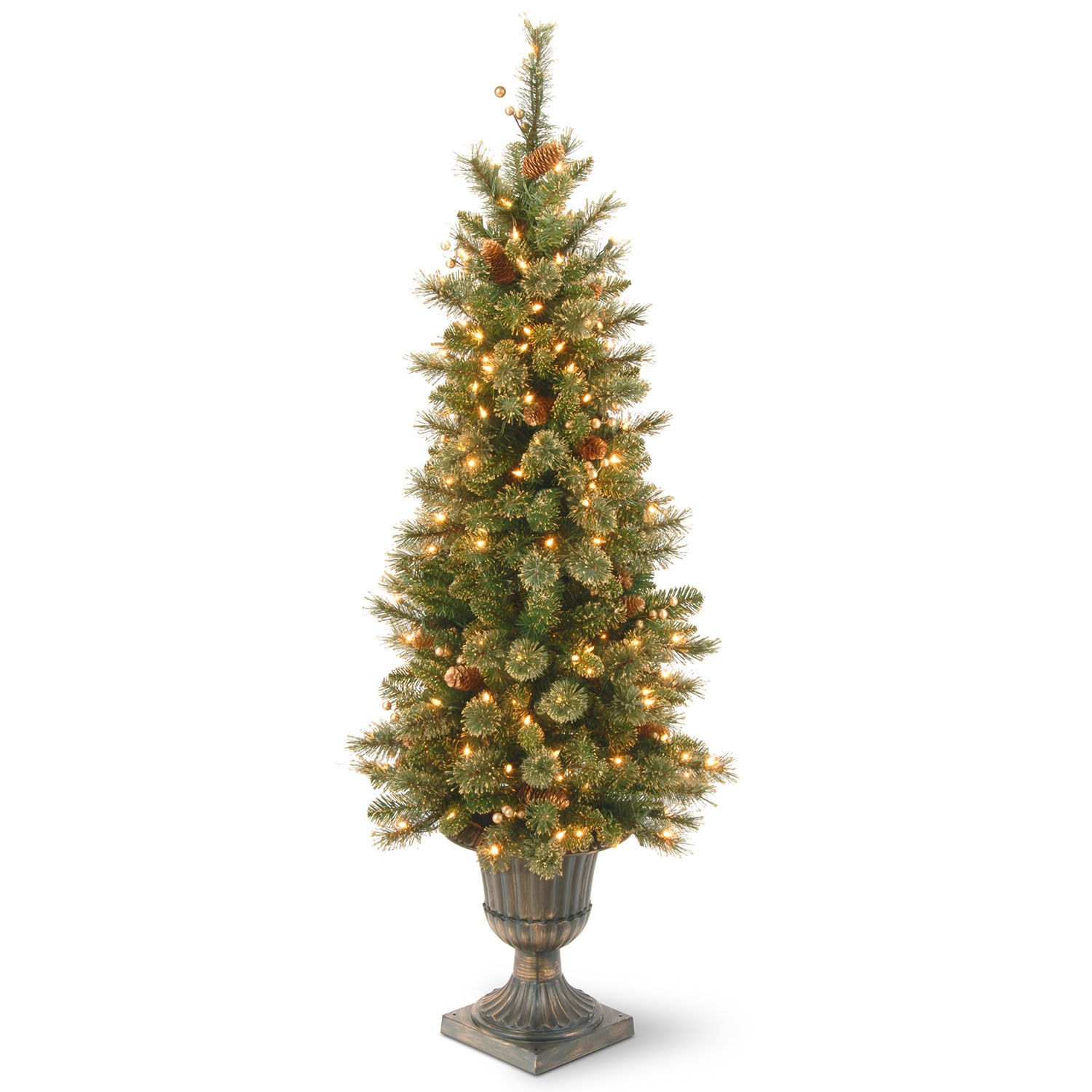 4 Foot Glittery Gold Pine Entrance Tree: Clear Lights In Dark Bronze Pot