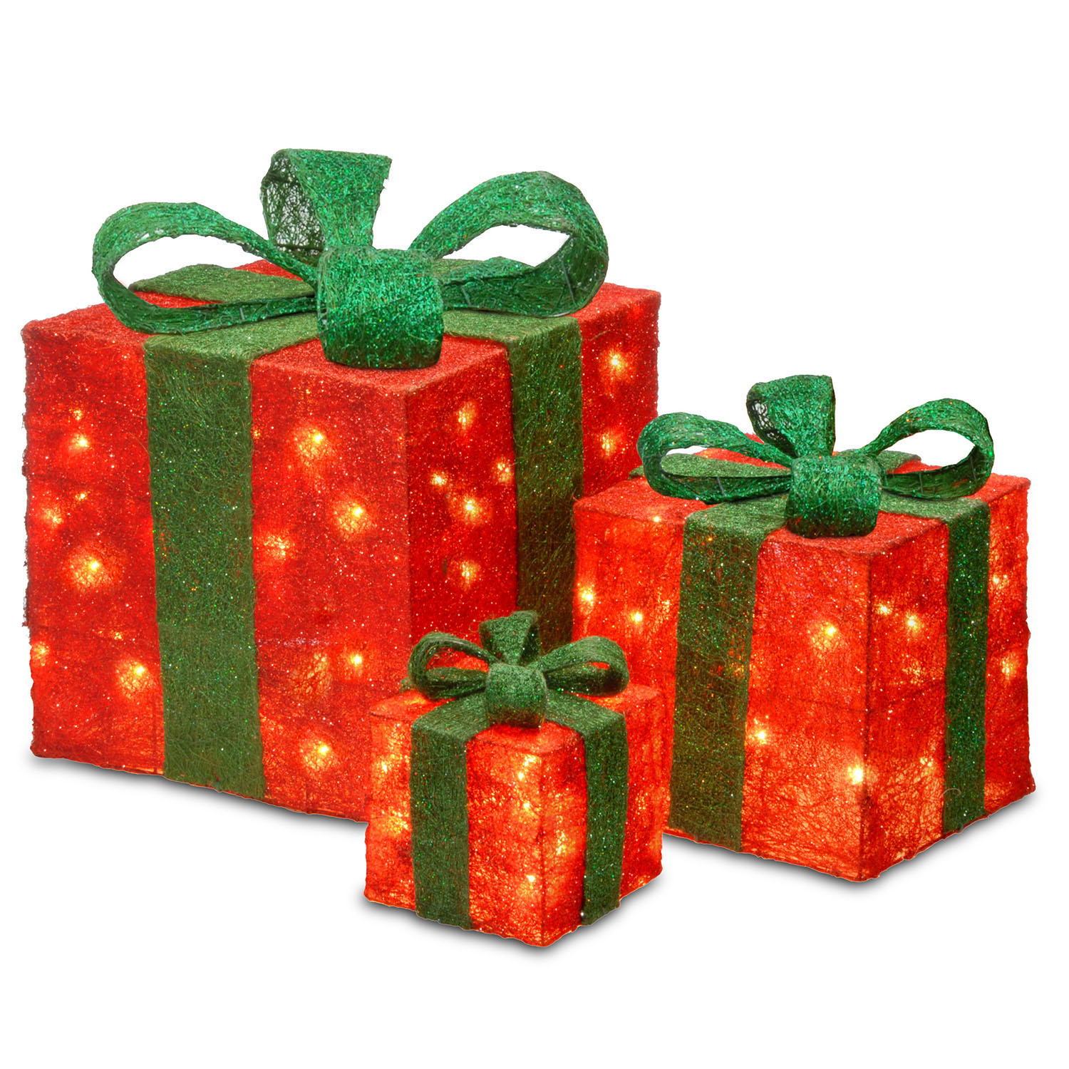 6, 10 & 14 Inch Assorted Red Sisal Gift Boxes: Clear Lights