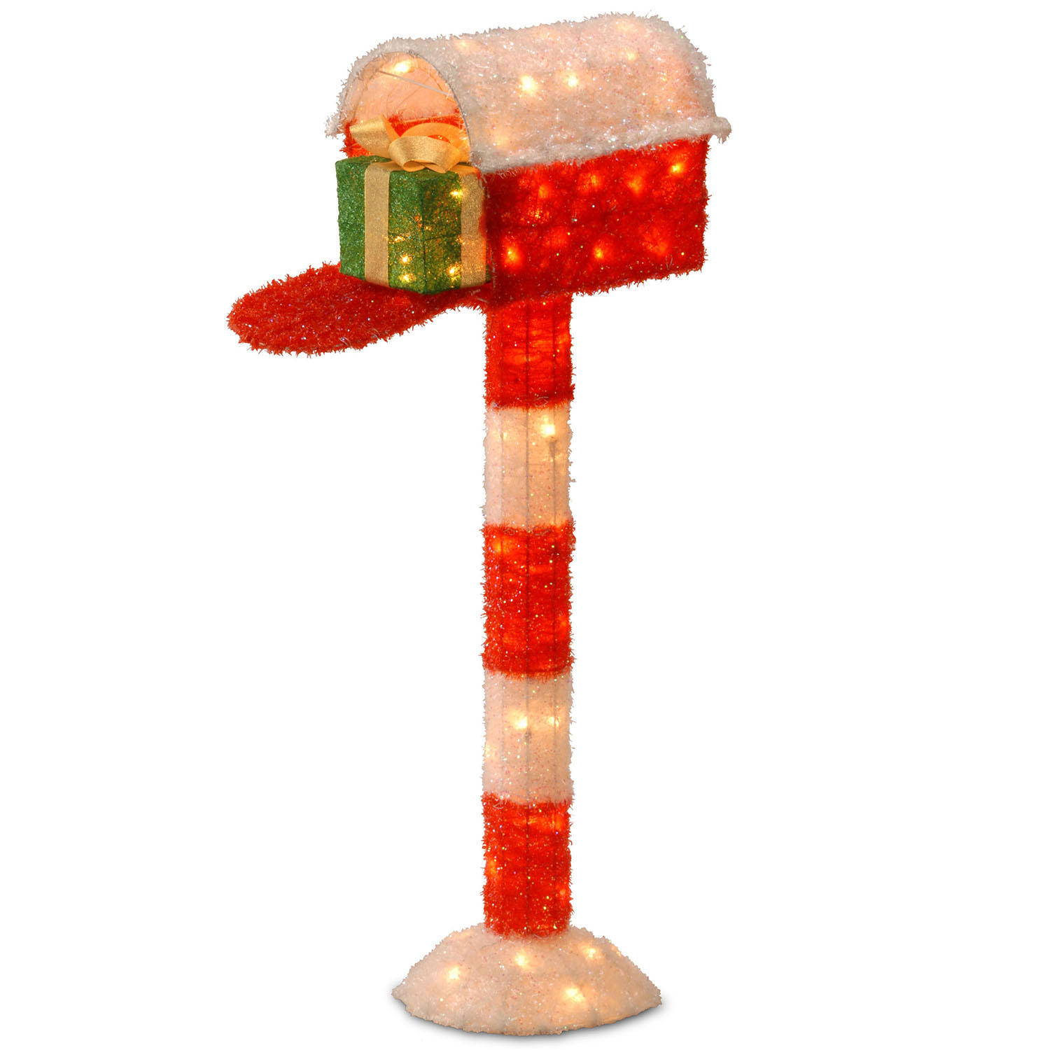 48 Inch Red Tinsel Mailbox: Green Sisal Gift Box: Outdoor Lights