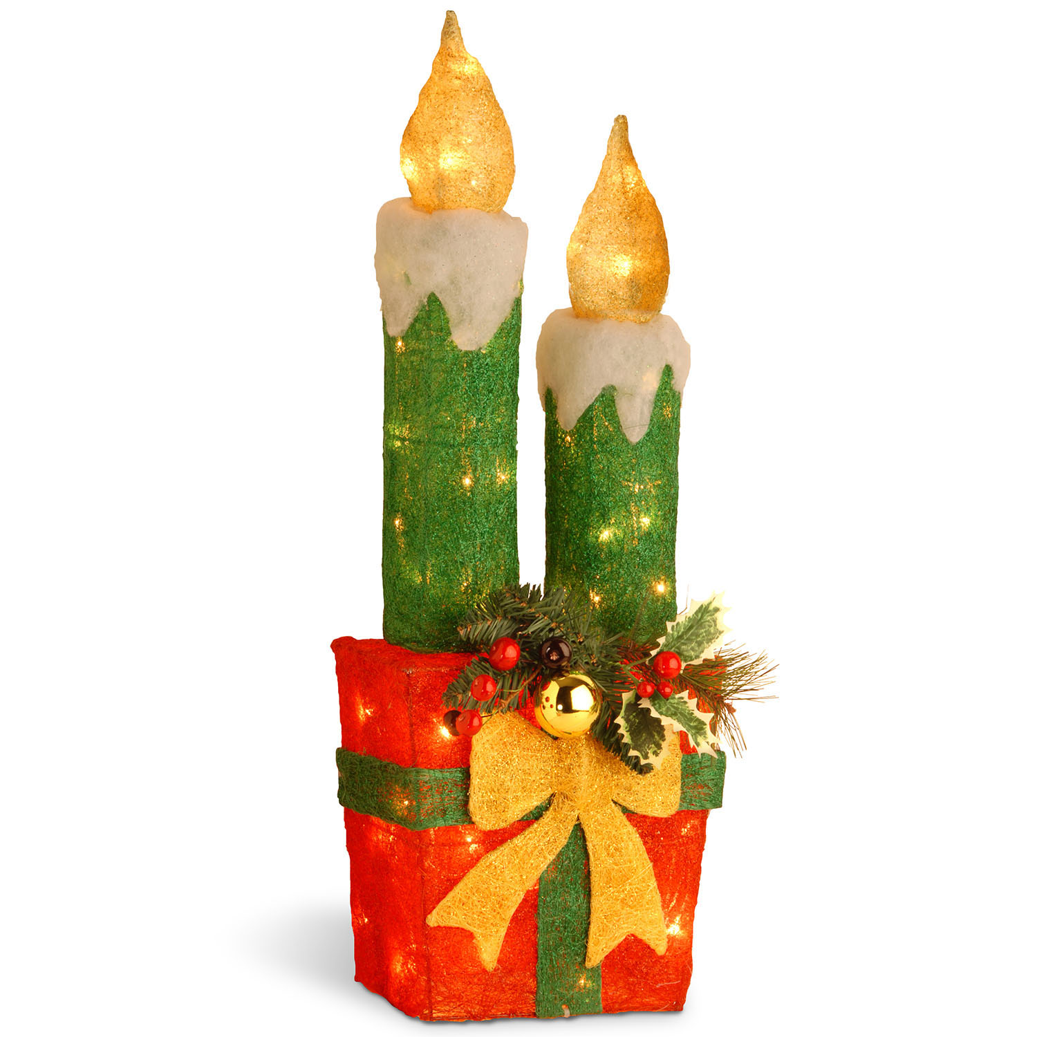 30 Inch Red Sisal Gift With 2 Green Candles: Clear Outdoor Lights