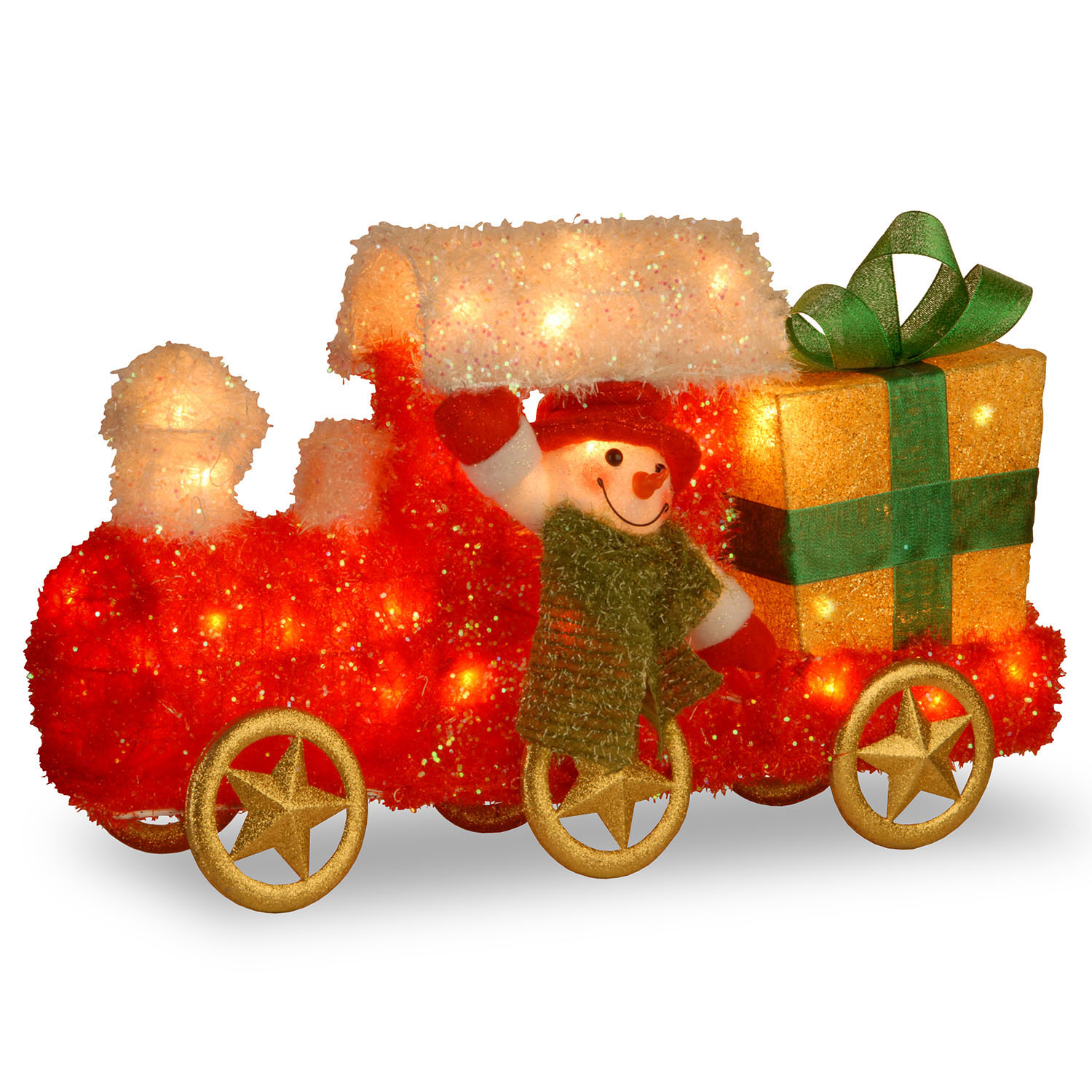 23 Inch Tinsel Train With Gift & Snowman With Green Scarf: Outdoor Lights