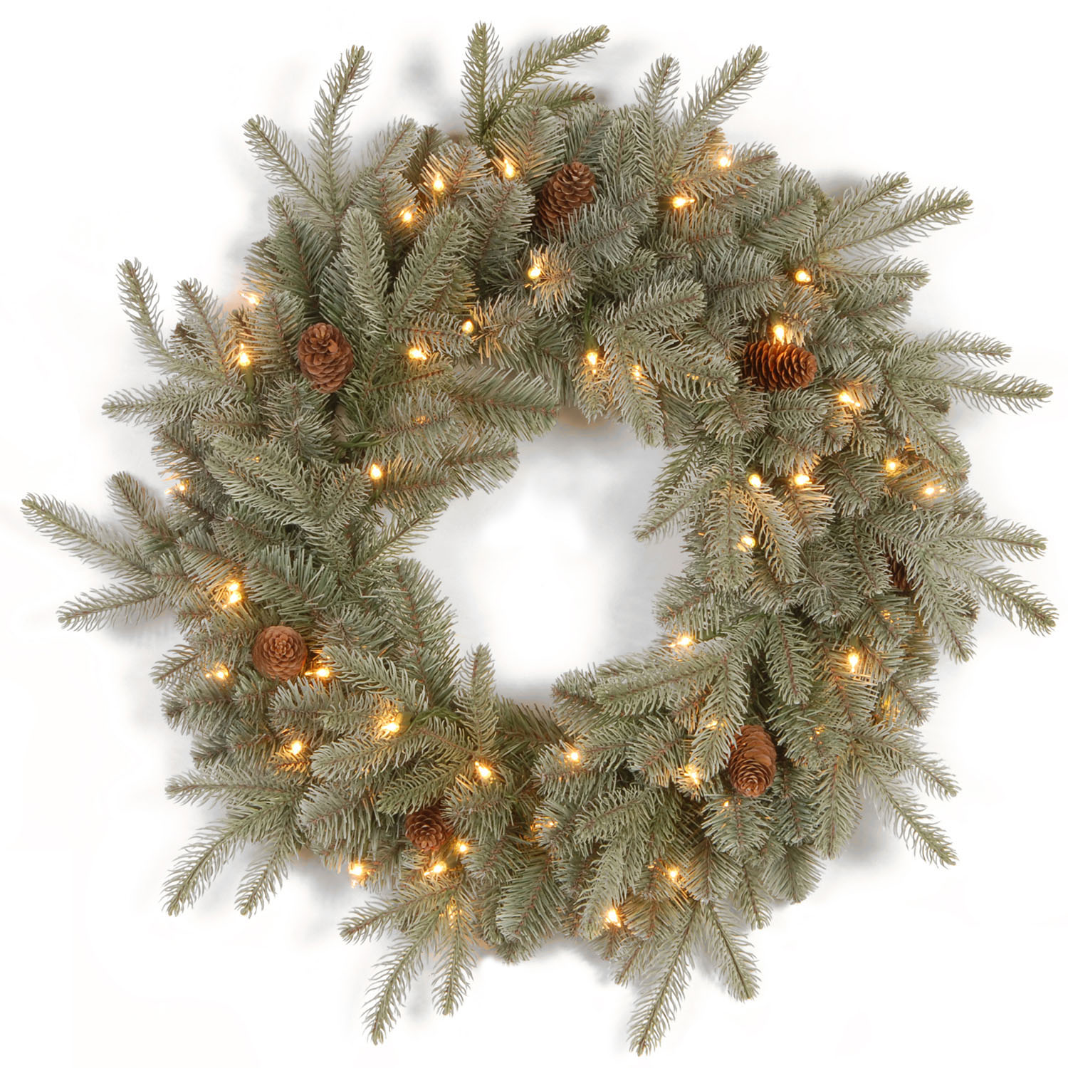 24 Inch Pe/pvc Frosted Artic Spruce Wreath With Cones: Clear Lights
