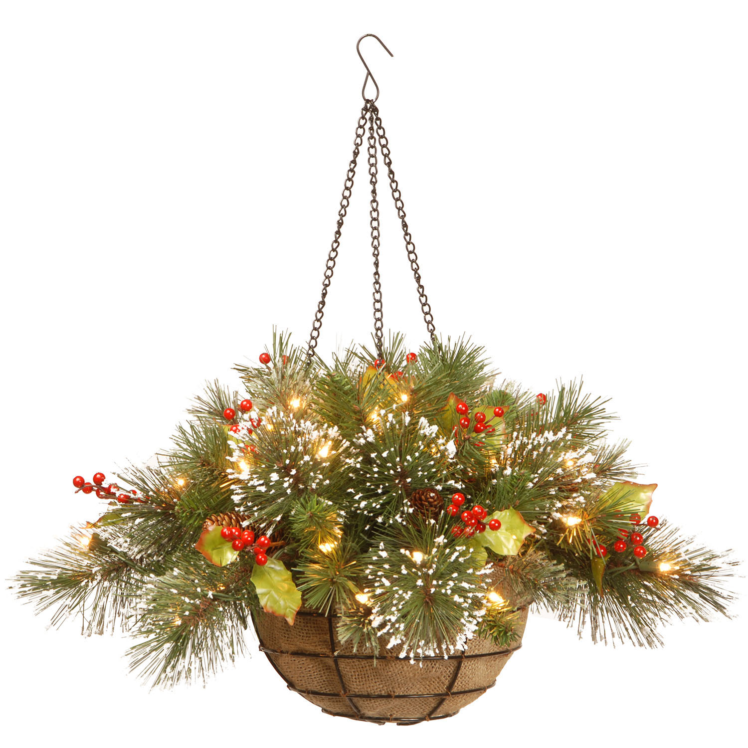 20 Inch Wintry Pine Hanging Basket: B/o Led Lights