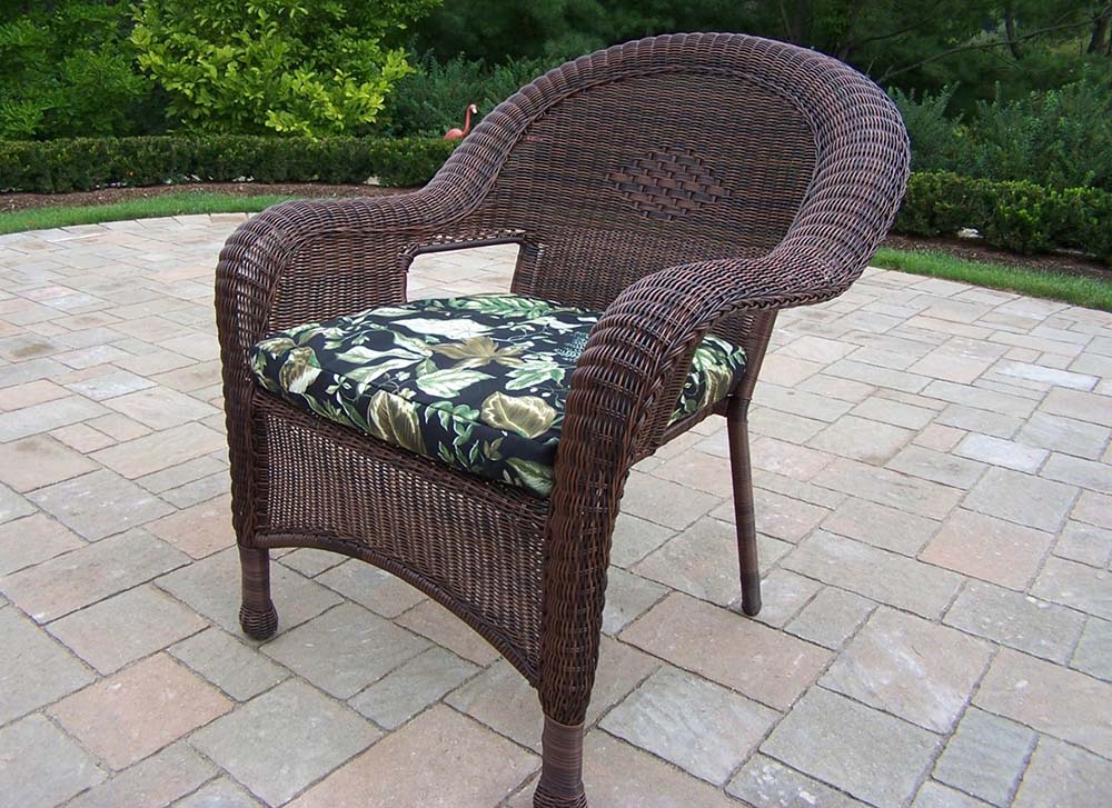 Resin Wicker Outdoor Arm Chair W/ Black Floral Cushion