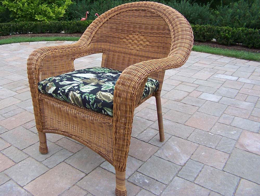 Resin Wicker Outdoor Arm Chair W/ Black Floral Cushion (set Of 2)