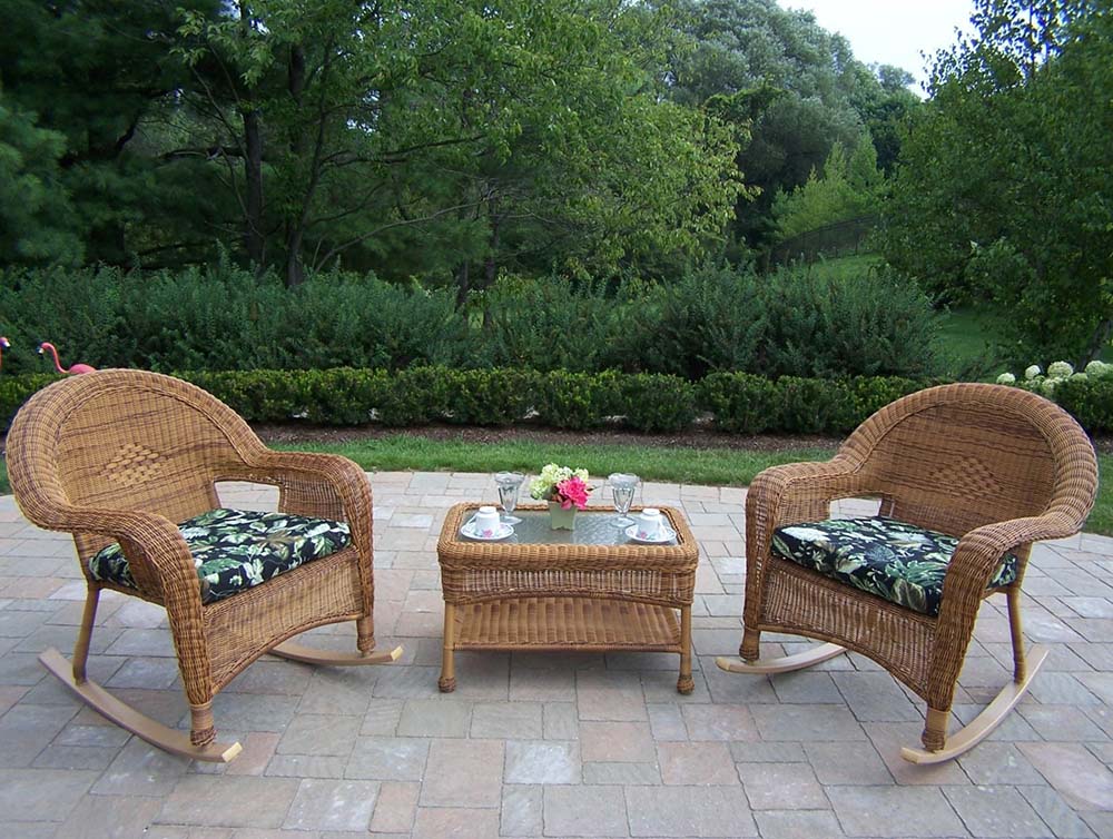 Oakland Living Resin Wicker Outdoor Rocking Chairs with Coffee Table