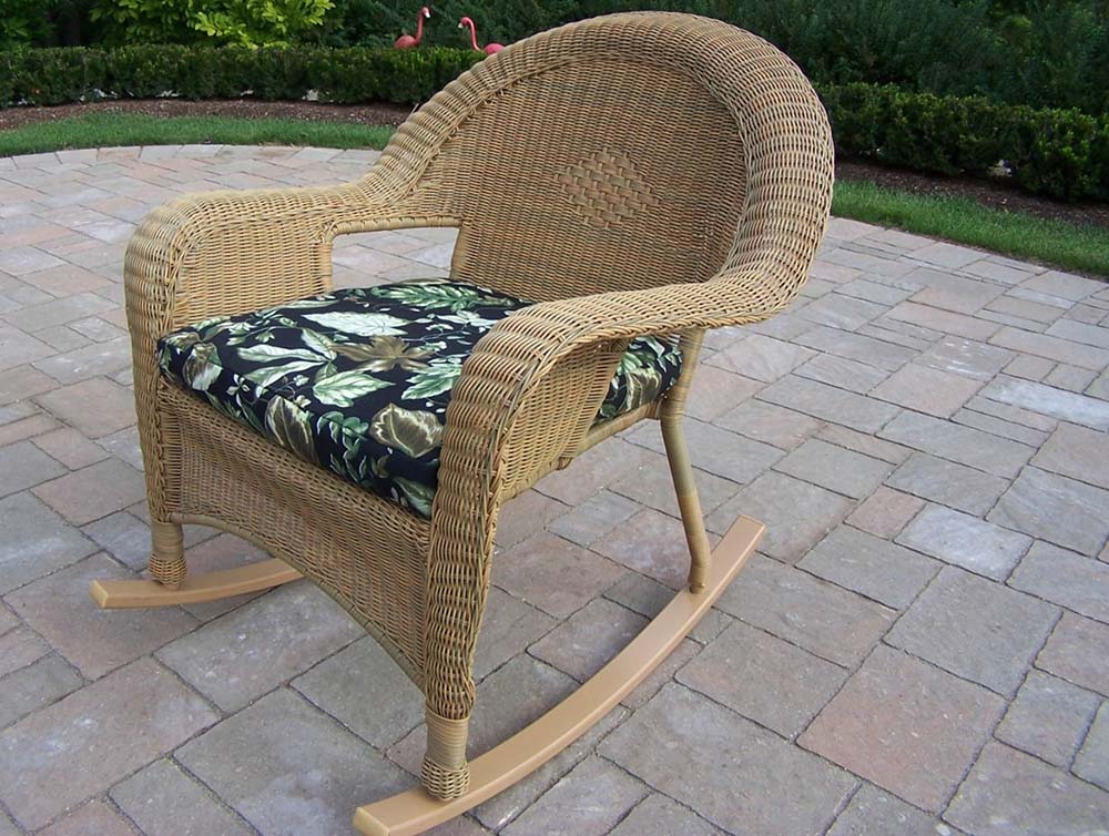 Resin Wicker Outdoor Rocker - Black Cushion In Honey