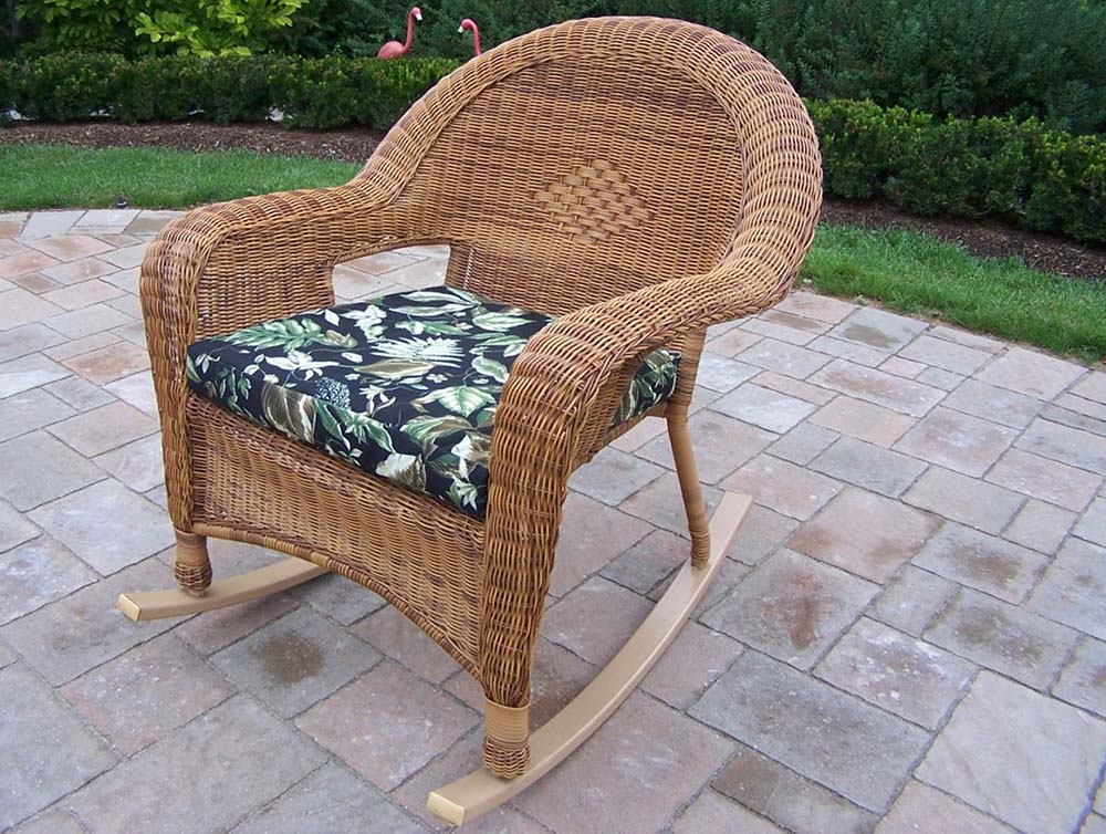 Resin Wicker Outdoor Rocker - Black Cushion In Natural