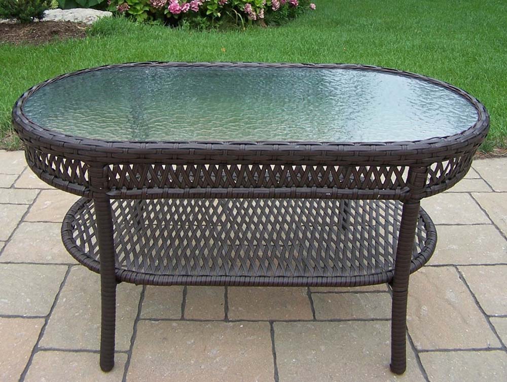 Elite Resin Wicker Oval Glass Top Outdoor Coffee Table