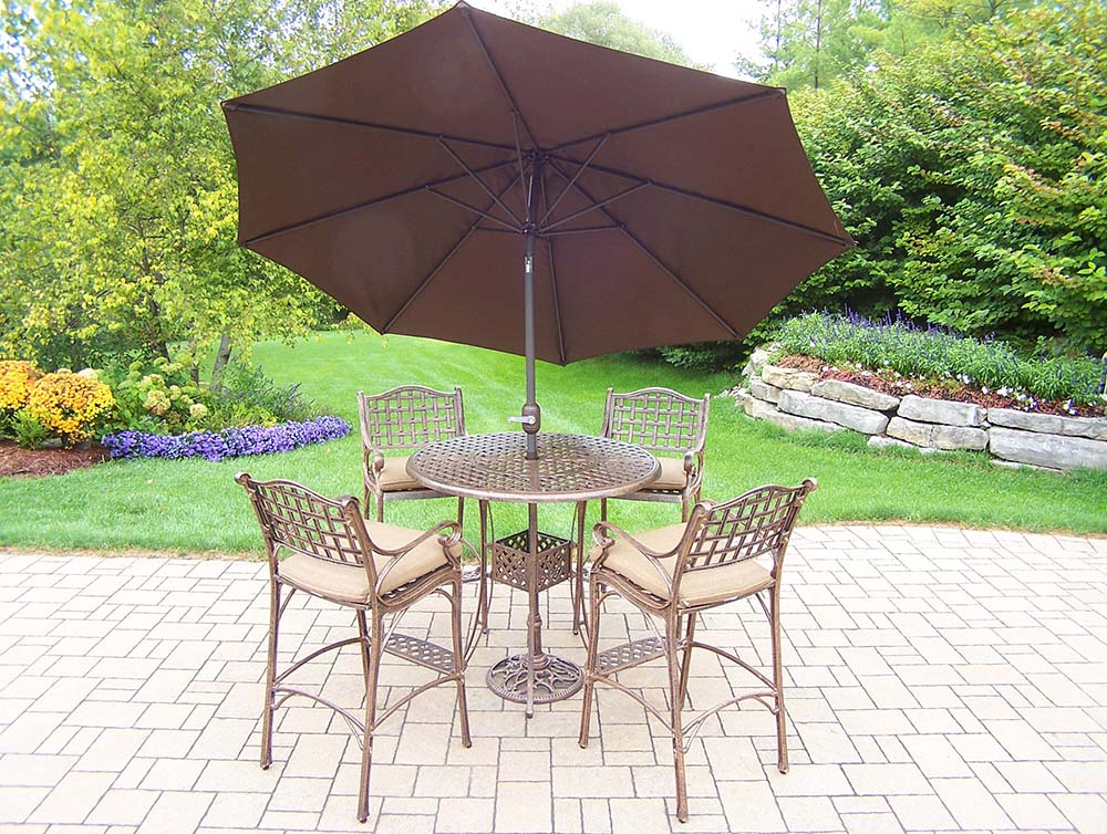 Oakland Living Elite 7pc Bar Set Table, Stools, Cushions & Umbrella
