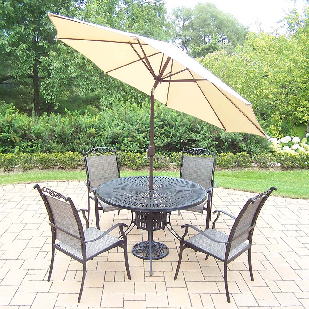 7pc Set: Table, 4 Stackable Chairs, Beige Umbrella