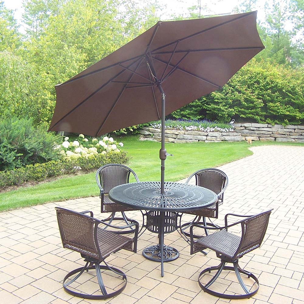 7pc Set: Table, 4 Swivel Wicker Chairs, Brown Umbrella