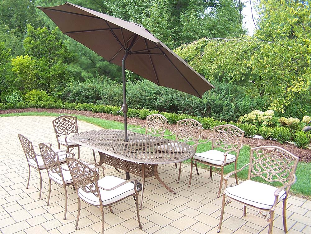 Oakland Living Mississippi 19pc Set Table, Brown Umbrella, Chairs