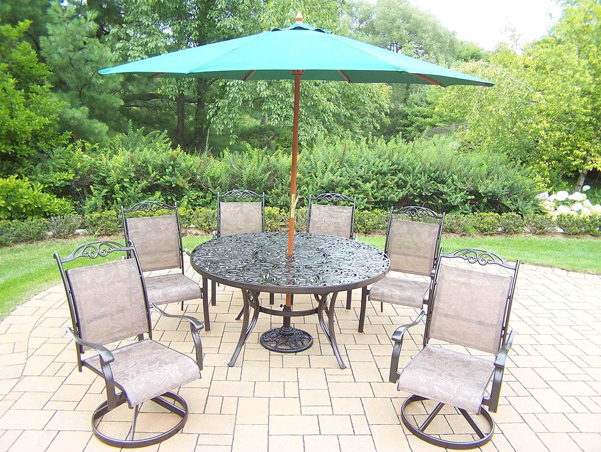9pc Set: Table, 2 Rockers, 4 Chairs, Green Umbrella
