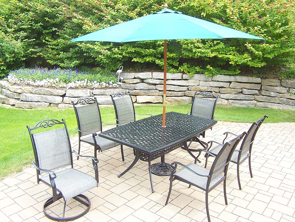 9pc Set: Table, Rockers, Chairs, Green Umbrella, Stand
