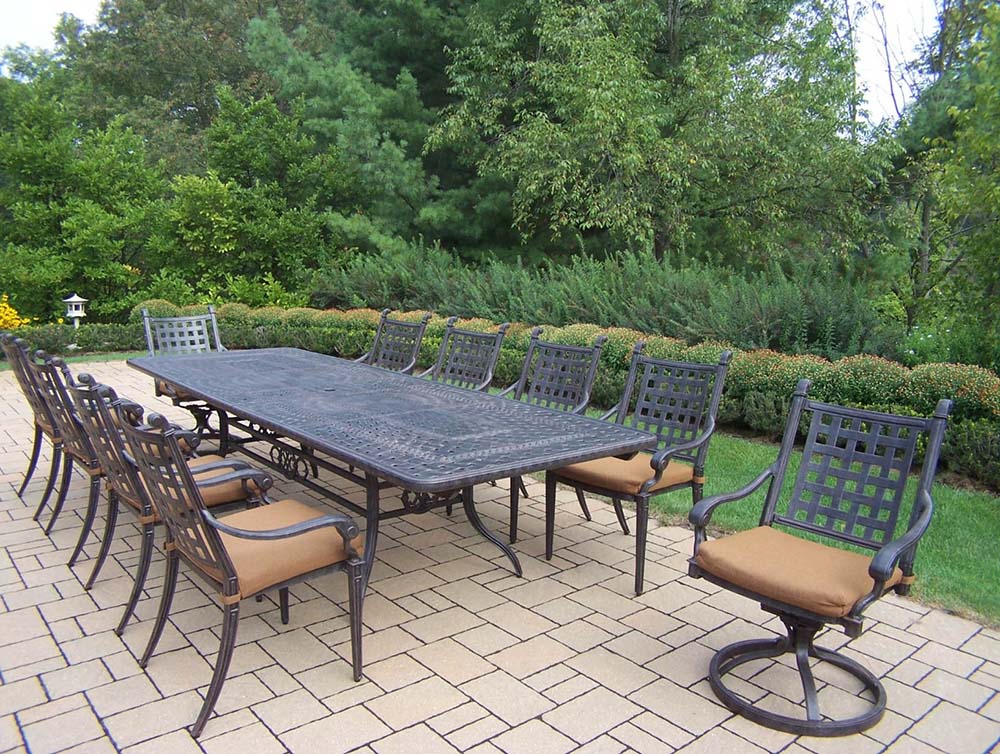 Aged Belmont Table, 21pc Dining Set: Sunbrella Cushions