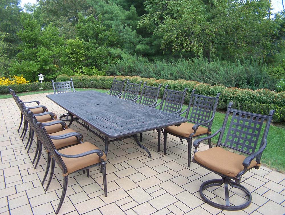 Aged Belmont 25pc Dining Set: Table, Sunbrella Cushions