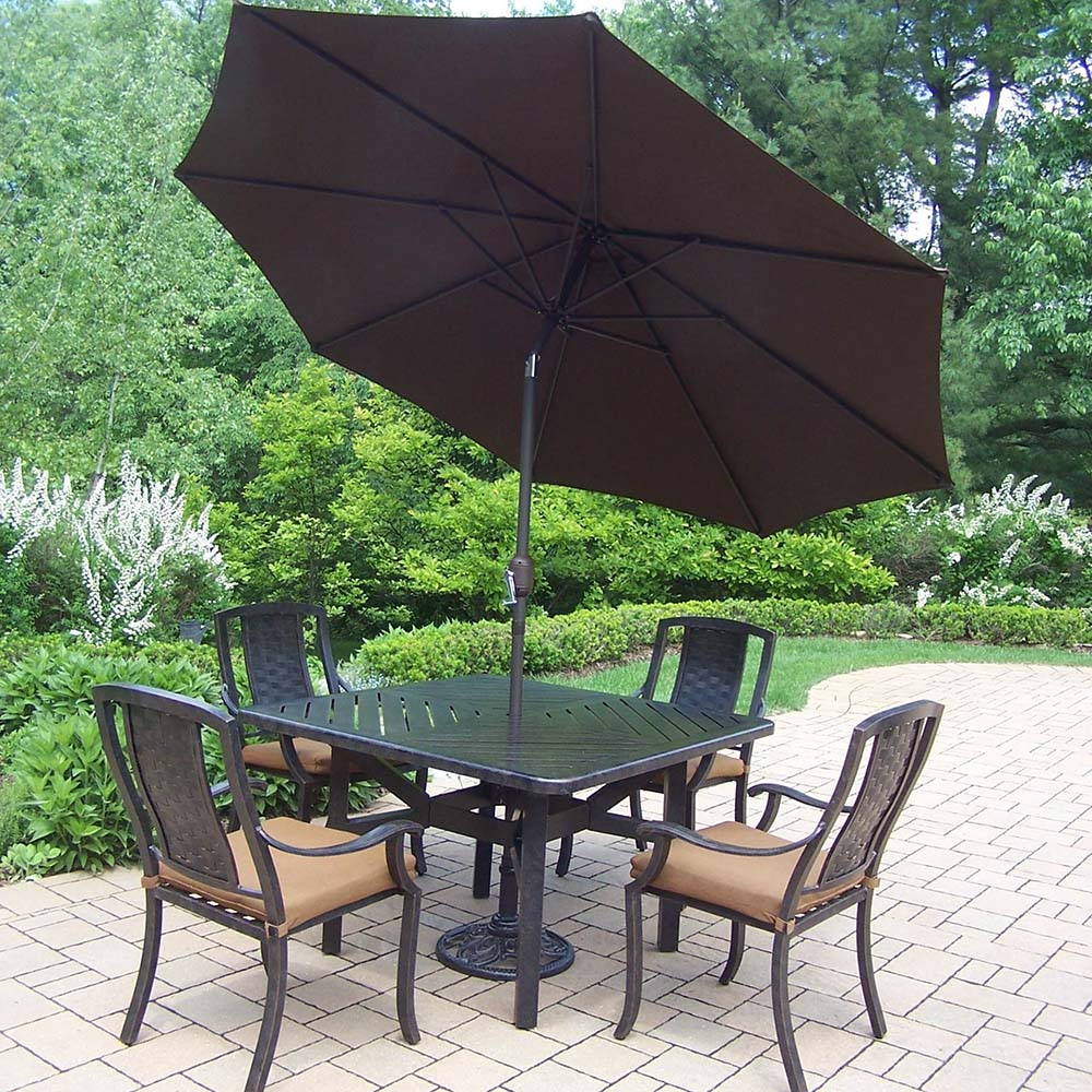Aged Vanguard 11pc Set: Table, 4 Chairs, Umbrella, Stand
