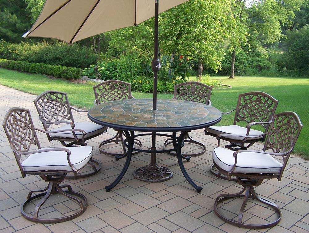 Antique Bronze 15pc Set: Table, Cushions, Beige Umbrella