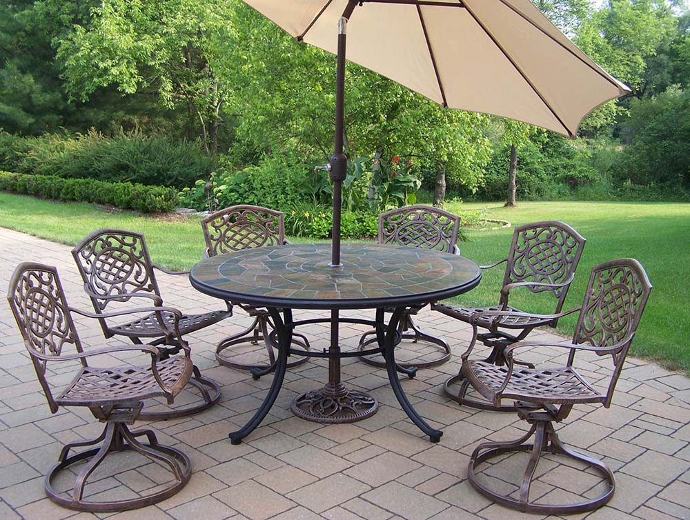 Antique Bronze 9pc Set: Table, Rockers, Beige Umbrella