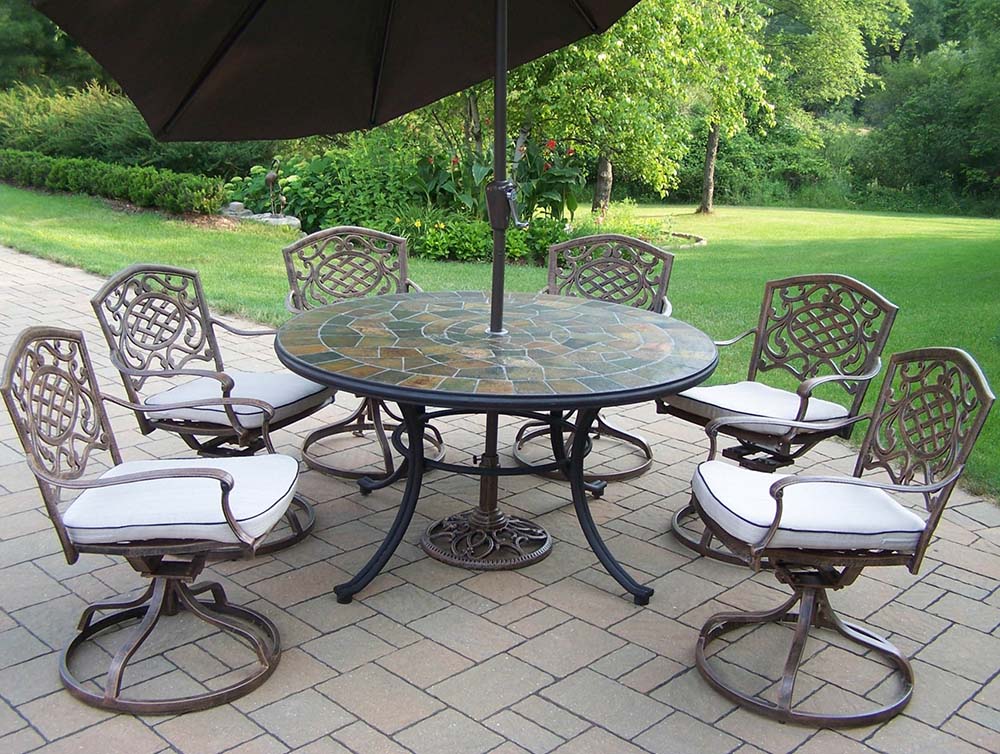 Antique Bronze 15pc Set: Table, Cushions, Brown Umbrella