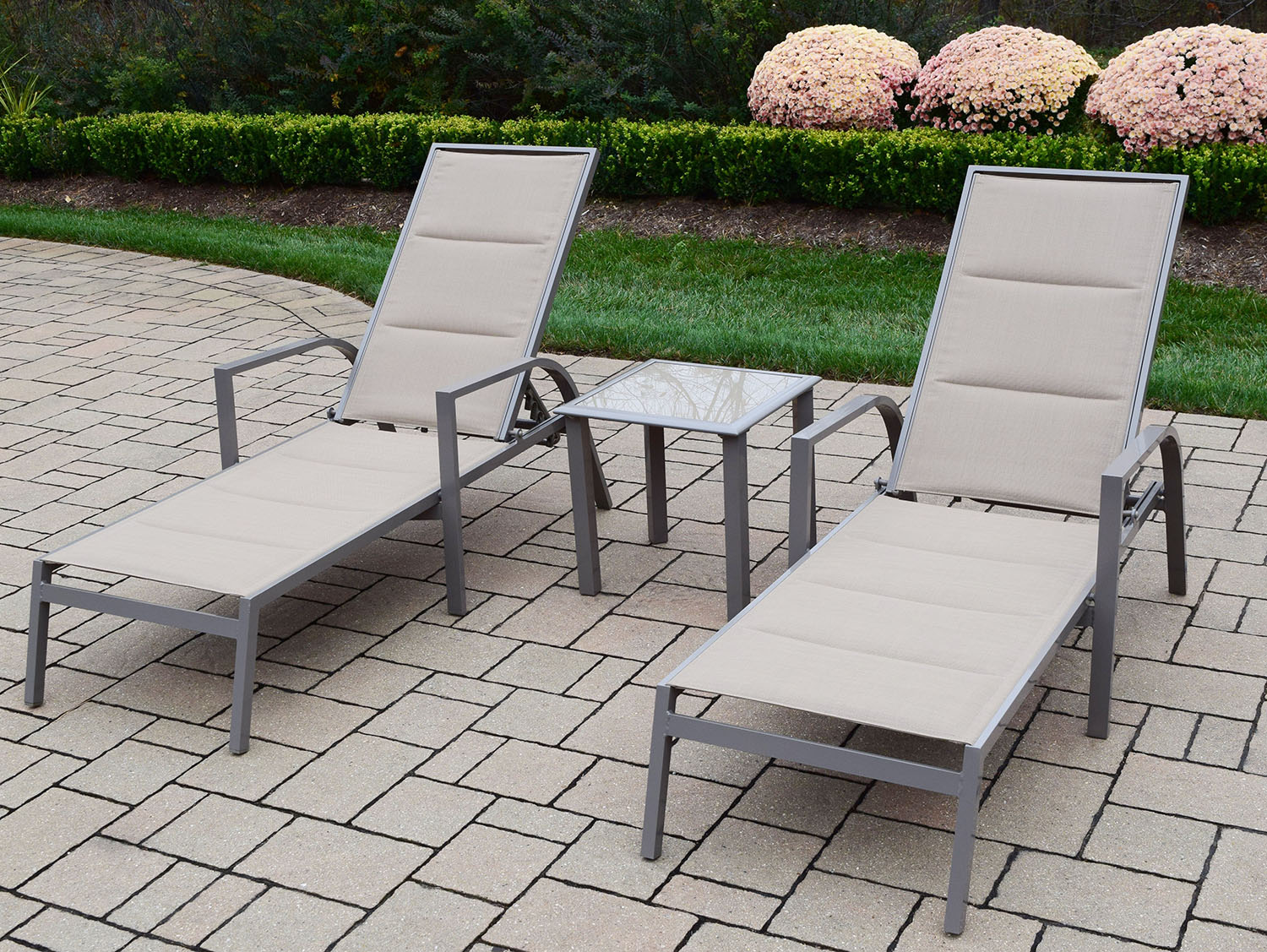 Oakland Living 2 Sling Chaise Lounges with Glass Side Table 3731L2