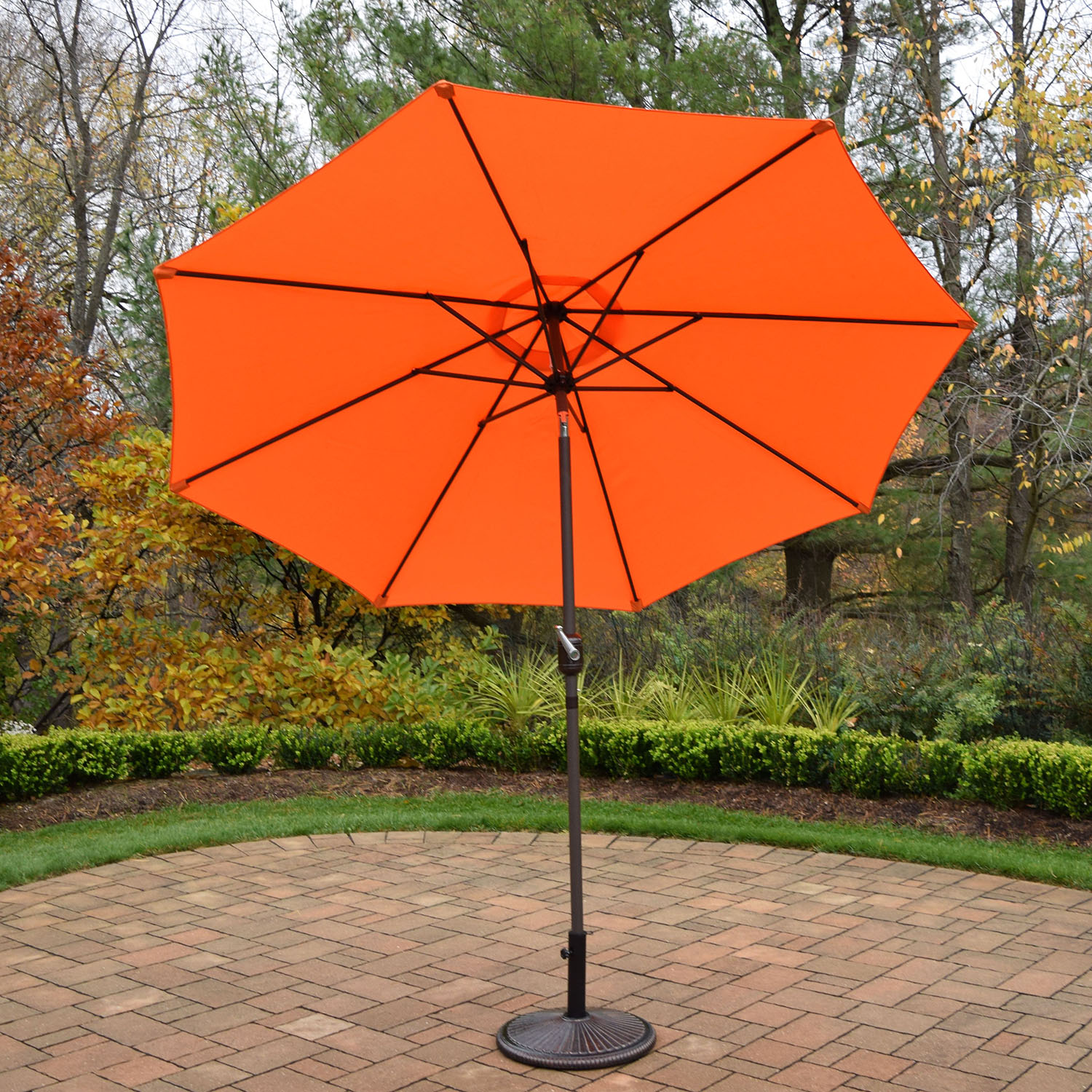 9 Foot Orange Crank/tilt Umbrella Brown Pole With Stand
