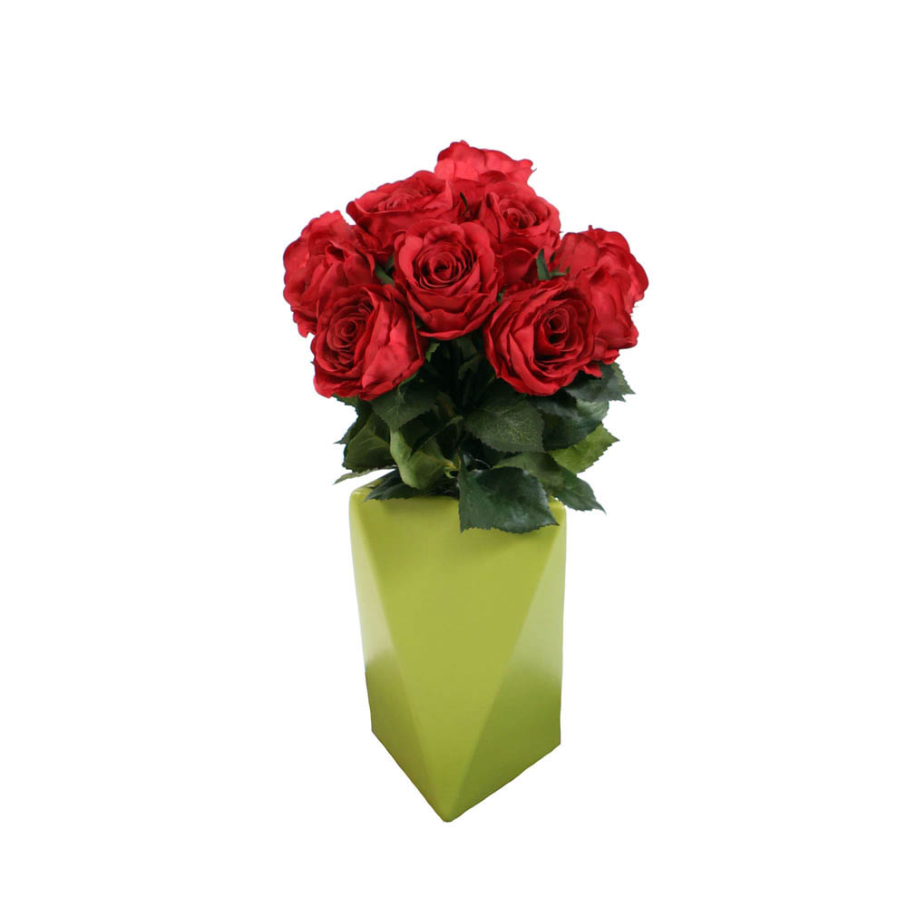 Red Roses Held In A Chartreuse Geometric Vase