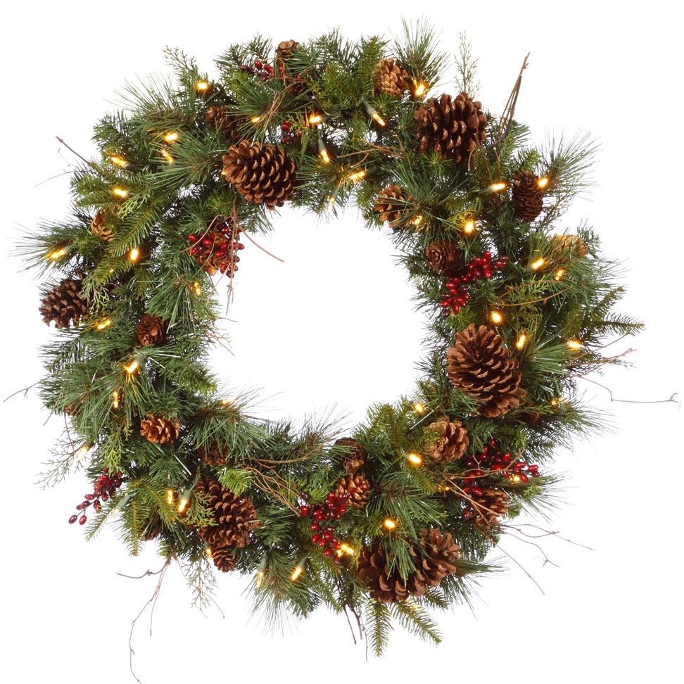 inch PE/PVC Cibola Mixed Berry Christmas Wreath: Clear LEDs