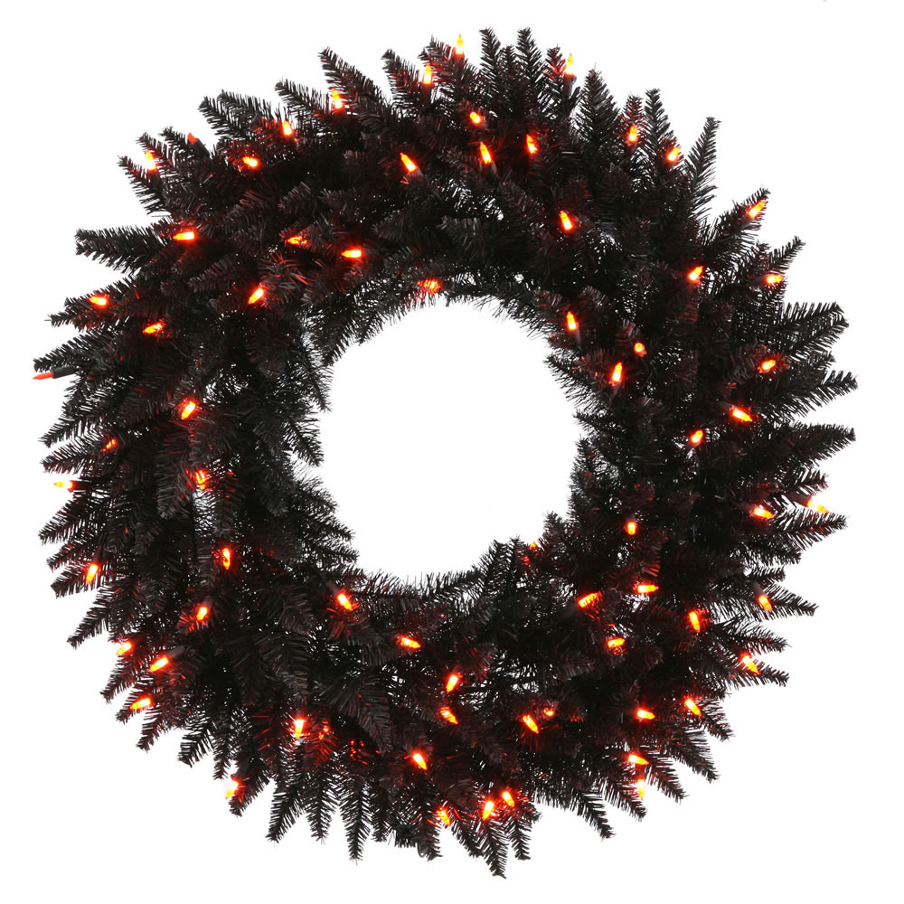 24 inch Black Fir Wreath: Orange LEDs