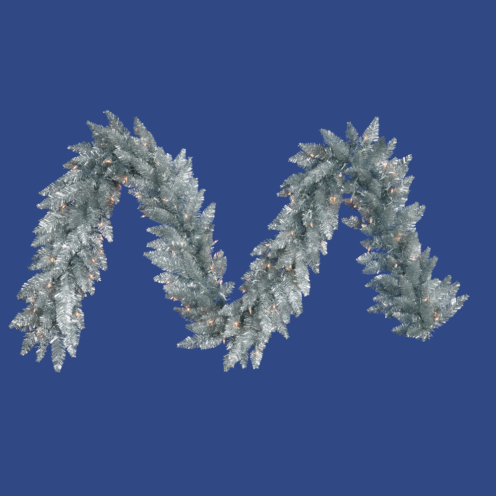 9 foot Sliver Garland: Clear LEDs