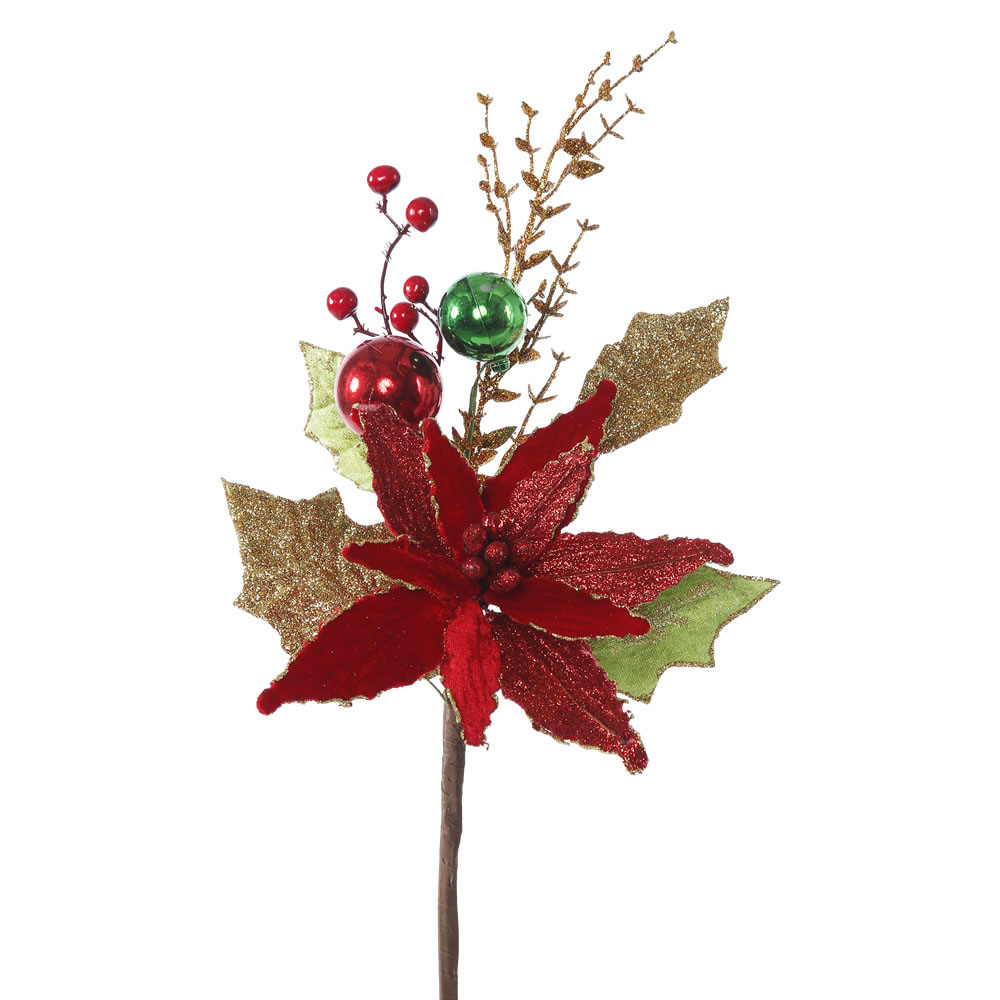 17 inch Red Velvet Poinsettia Pick: Set of 3