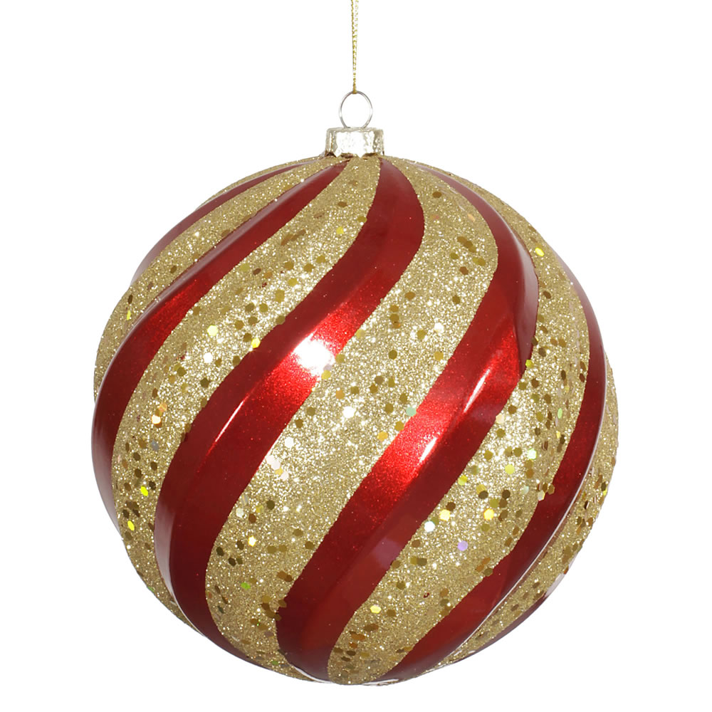 6 inch Matte-Glitter Swirl Christmas Ball Ornament: Red-Gold | M112086