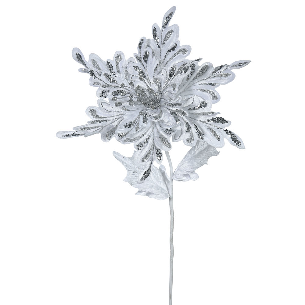 15 inch White Velvet Poinsettia Pick: Set of 3