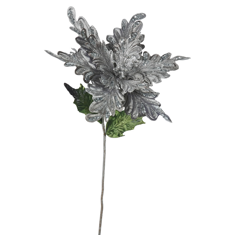 15 inch Pewter Velvet Poinsettia Pick: Set of 3