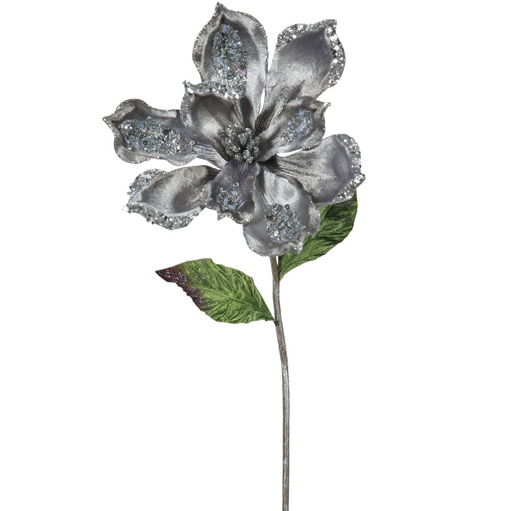 22 inch Pewter Velvet Magnolia Pick - 9 inch Flower: Set of 3