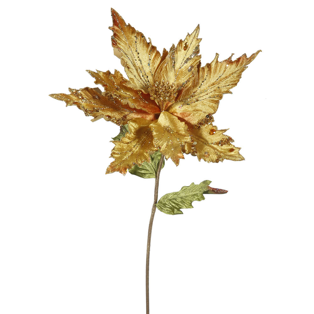 26 inch Gold Velvet Poinsettia Pick: Set of 3