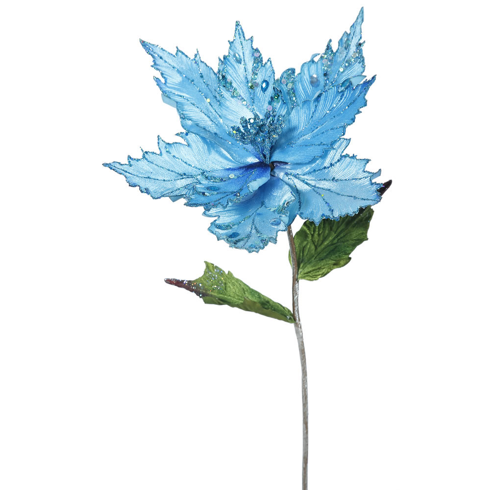 26 inch Sky Blue Velvet Poinsettia Pick: Set of 3