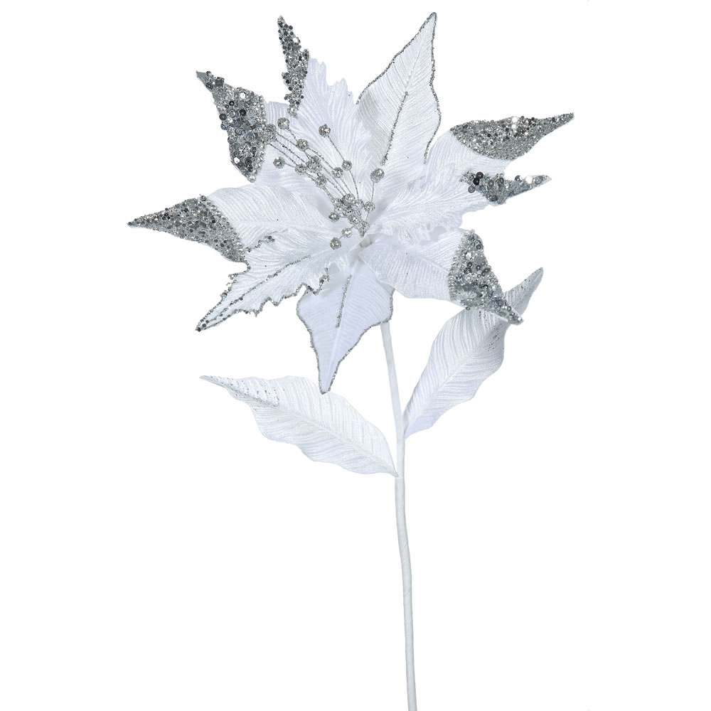 26 inch White Velvet Poinsettia Pick: Set of 3