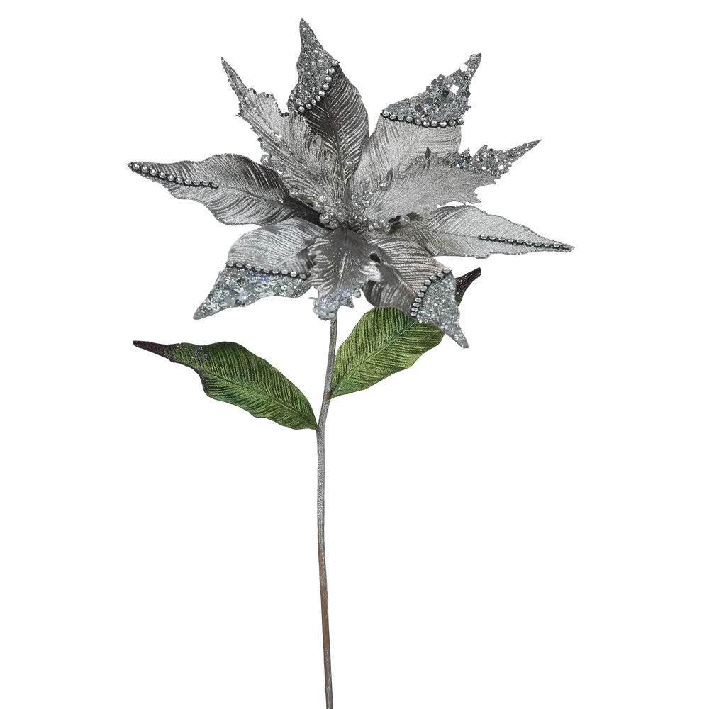 26 inch Pewter Velvet Poinsettia Pick: Set of 3
