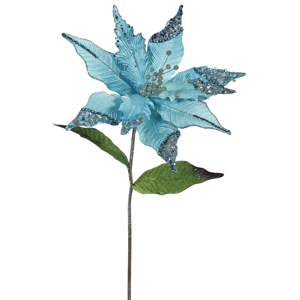 26 inch Sea Blue Velvet Poinsettia Pick: Set of 3