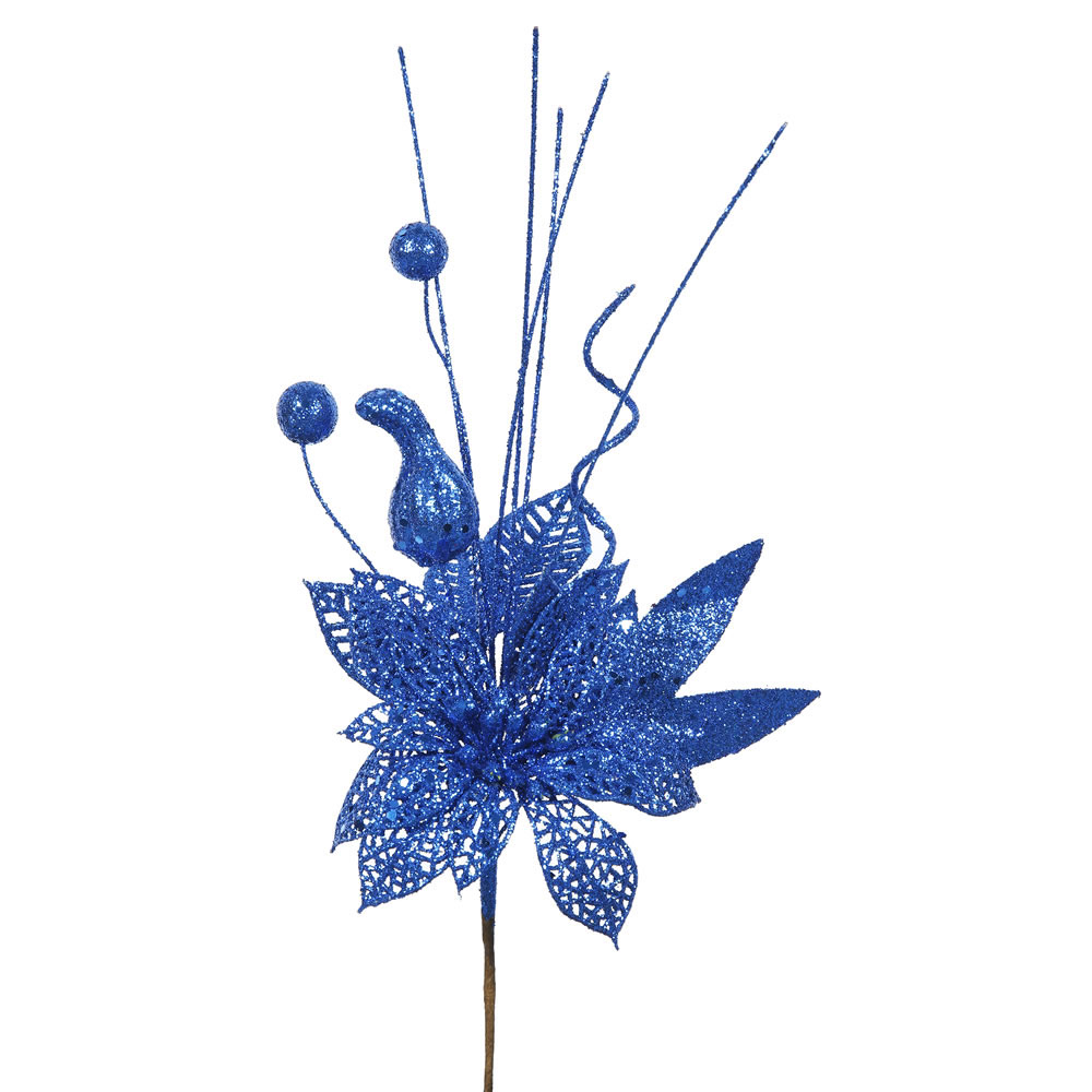 14 inch Blue Glitter Poinsettia Flower Pick Set of 12 QG165402