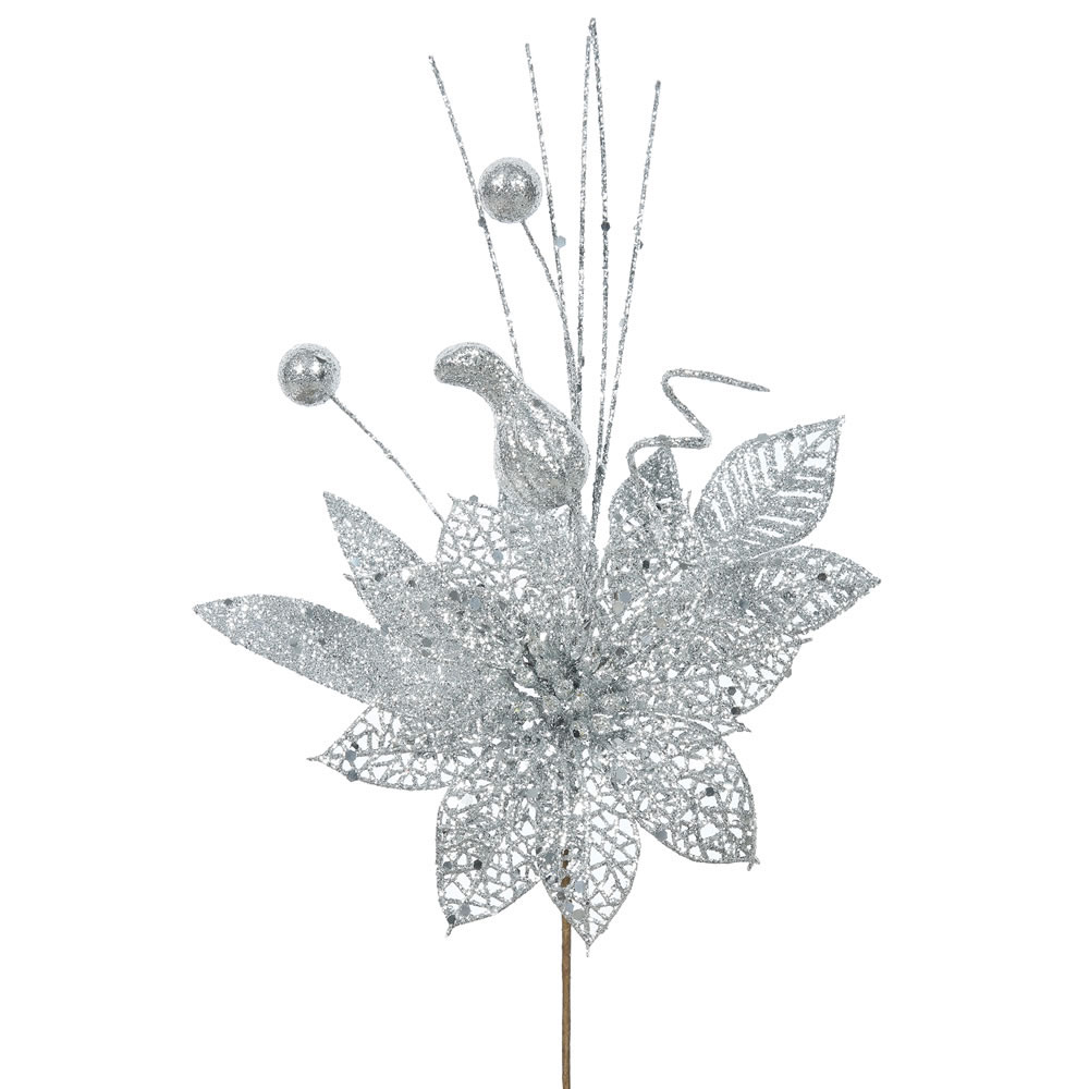 14 inch Silver Glitter Poinsettia Flower Pick Set of 12 QG165407